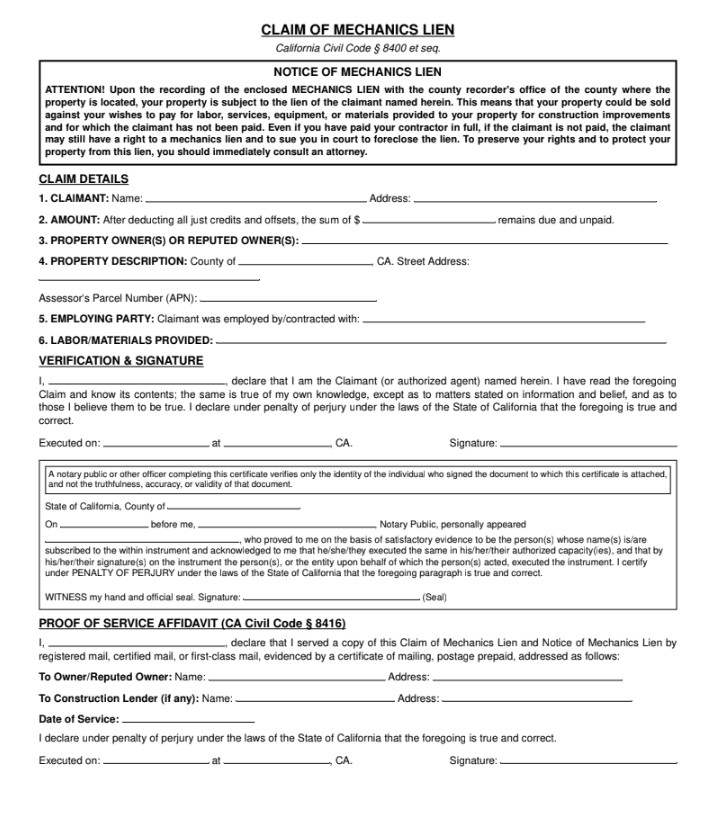 California mechanics lien claim form