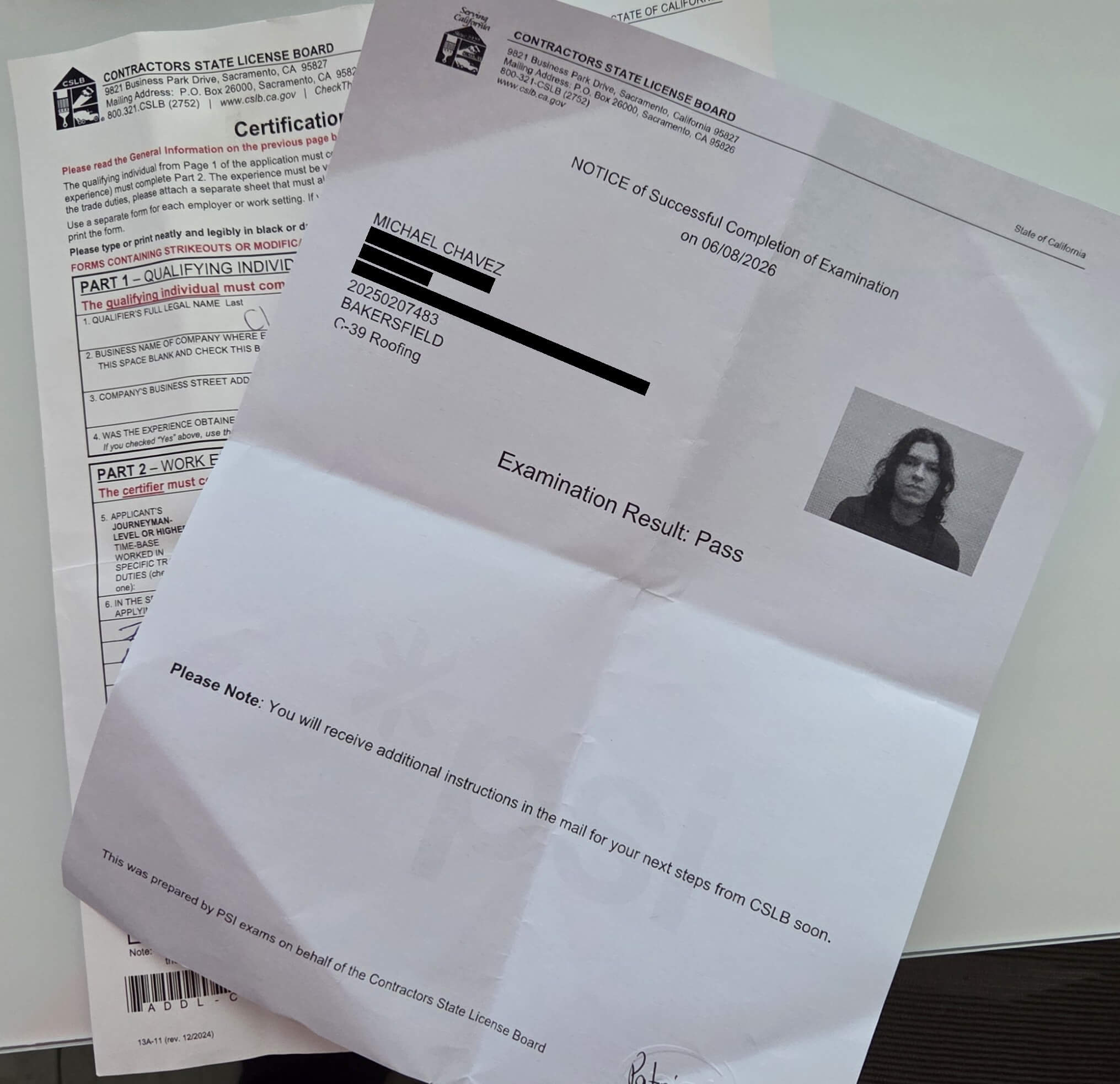 Score report showing a passing result on the california contractor license exam